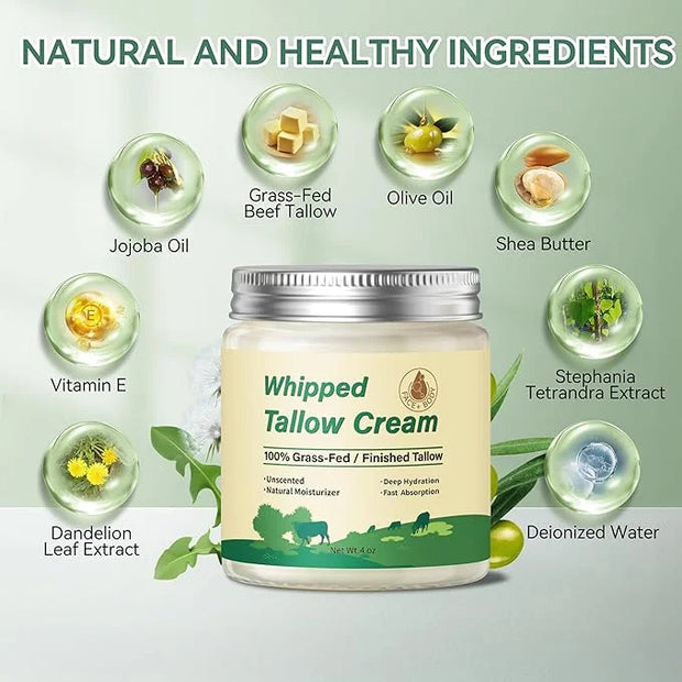Beef Tallow for Skin, Organic Grass Fed Whipped Beef Tallow Moisturizer Nourishes and Hydrates the Skin, Natural Unscented...