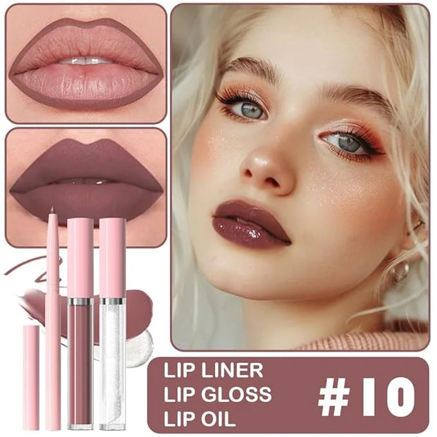3-in-1Mocha Brown Matte Lip Stain Kit | Waterproof Lip Liner + Hydrating Matte Lip Gloss + Nourishing Lip Oil | Long Lasti...