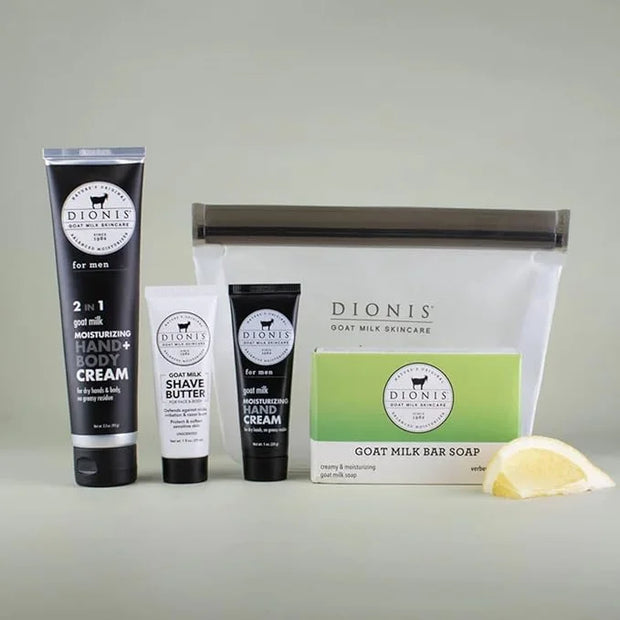 Dionis Goat Milk Skincare 5 Piece Goat Milk Travel Set for Men - Hydrating Bar Soap, Shave Butter, Hand & Body Cream - Ver...
