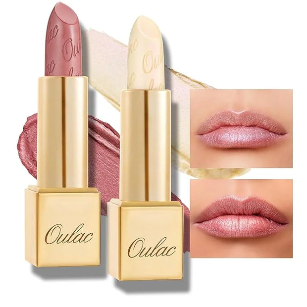 Oulac Metallic Light Pink & Sheer Lipstick Set - 2PCS Vegan Lightweight Hydrating Formula with High Impact Lip Color for F...