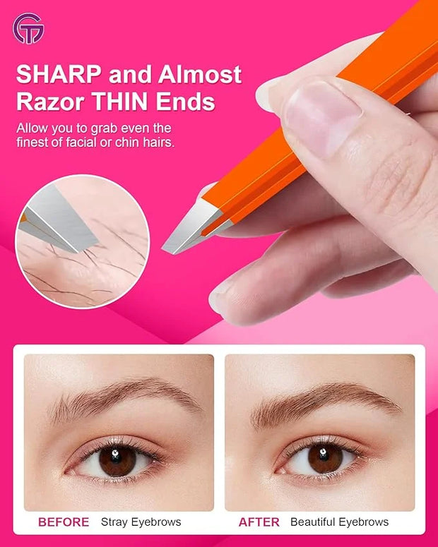 Expert Eyebrow Hair Removal Tweezer with Leather Case, GlamTweeler High Precision Slant Tip Stainless Steel Tweezers for M...