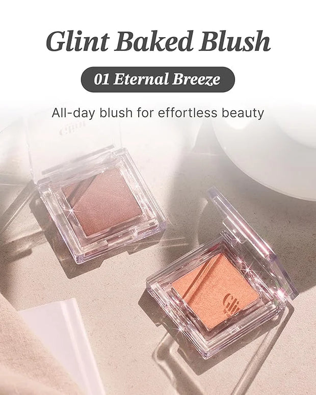 Glint Baked Blush (Eternal Breeze, 0.08oz) - Long-Lasting, All-Day Face Blush Powder for a Natural Look. Korean Skin Care,...