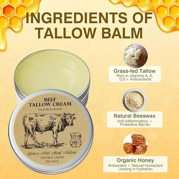 Beef Tallow for Skin, Tallow and Honey Balm,Tallow Face Moisturizer, Natural Grass-Fed Beef Tallow Balm with Raw Honey Moi...