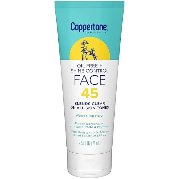 Coppertone Oil Free + Shine Control Sunscreen Face Lotion SPF 45, Lightweight Sunscreen for All Skin Tones, Won't Clog Por...