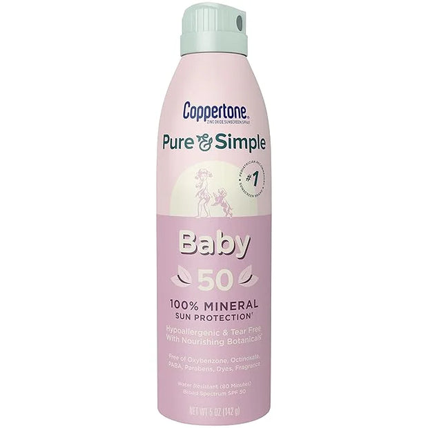 Coppertone Pure and Simple Baby Spray Sunscreen SPF 50, Broad Spectrum Sunscreen for Baby, 5 Oz Bottle, Pack of 3 - Produc...