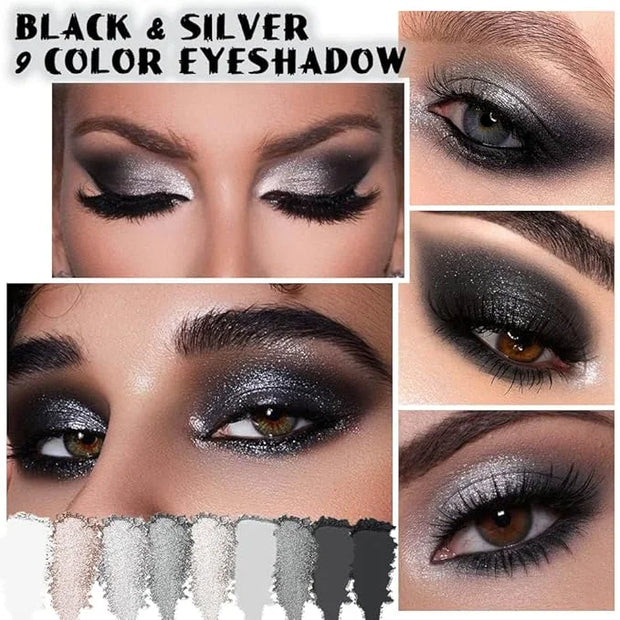 Black Silver Gray Smokey Eyeshadow Palette,Black and White and Sparkly Eye Shadow,Highly Pigmented Black Smokey Radiance E...