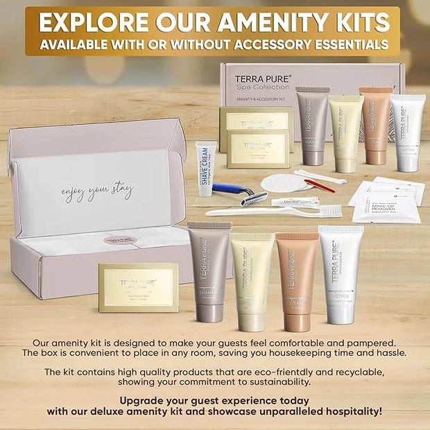 Terra Pure Spa Collection Amenity & Accessory Kit |1 oz Travel Size Shampoo, Conditioner, Lotion, Body Wash, 2 Soap Bars, ...
