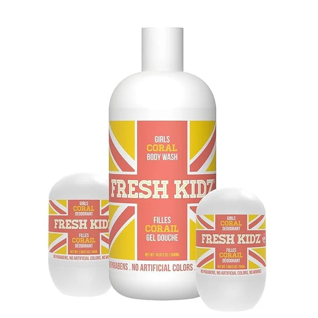Fresh Kidz Body Wash 16.9 fl.oz. and 2 Roll-On Deodorants 1.86 fl.oz. for Kids and Teens - Girls Coral Set - Product Image