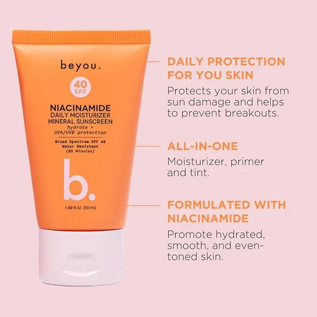 Beyou. Niacinamide Daily Moisturizer Mineral Face Sunscreen + SPF 40, 1.69 fl oz, Tinted, Plant-Based, Cruelty-Free, All S...