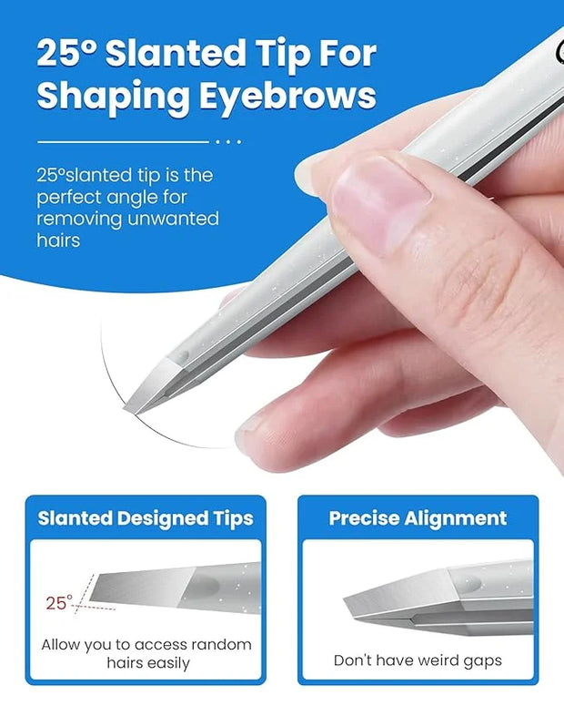 Expert Slant Tip Tweezers with Leather Case, GlamTweeler Sharp & Precision Stainless Steel Tweezer for Eyebrows, Facial Ha...