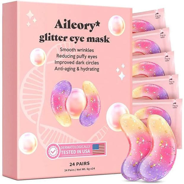 Under Eye Patches (24 Pairs) - New Tri-color Glitter Eye Gel Pads for Dark Circles Puffy Eyes,Under eye Bags,Wrinkles|Natu...