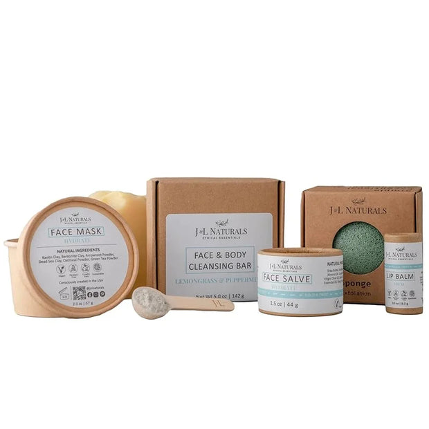J&L Naturals Exceptional Skin Regimen Kit With Cleansing Bar, Face Salve, Konjac Sponge, Lip Balm | For Oily, Dry, Mature,...