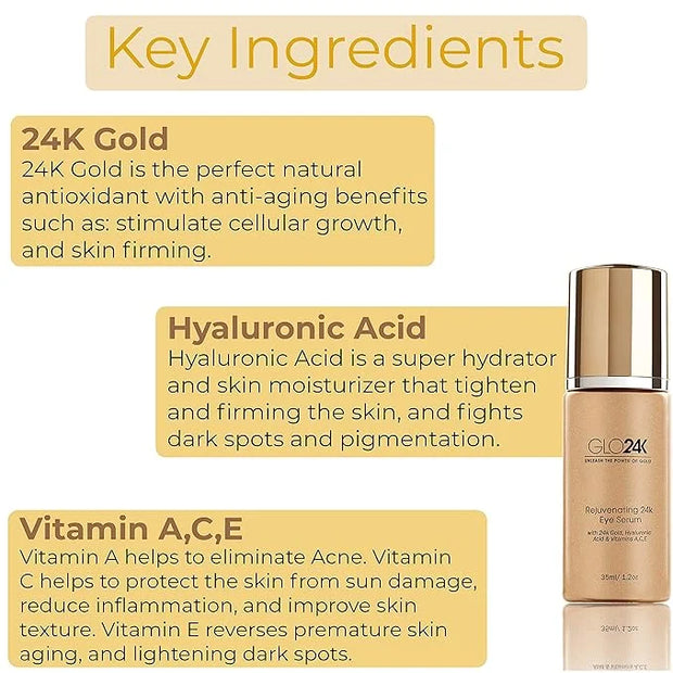 GLO24K Rejuvenating 24k Eye Cream and Serum With 24k Gold, Hyaluronic Acid, Vitamins A,C,E - Product Image