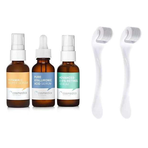 Cosmedica Skincare Facial Serum Trio Set Value for Clear Skin + 2 Microneedling Rollers - Product Image