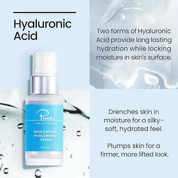Pure Daily Care High Energy Hyaluronic Serum (1oz) - Hydrating Clinical Grade Hyaluronic Acid Serum - Product Image