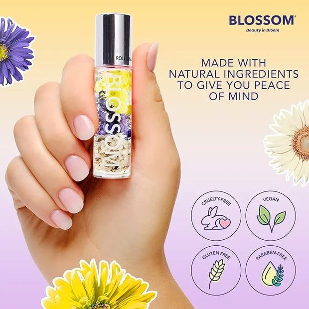 Blossom Roll on Lip Gloss, Scented Clear High Shine Moisturizing Lip Oil, Non Sticky, Infused with Real Flowers, Made in U...