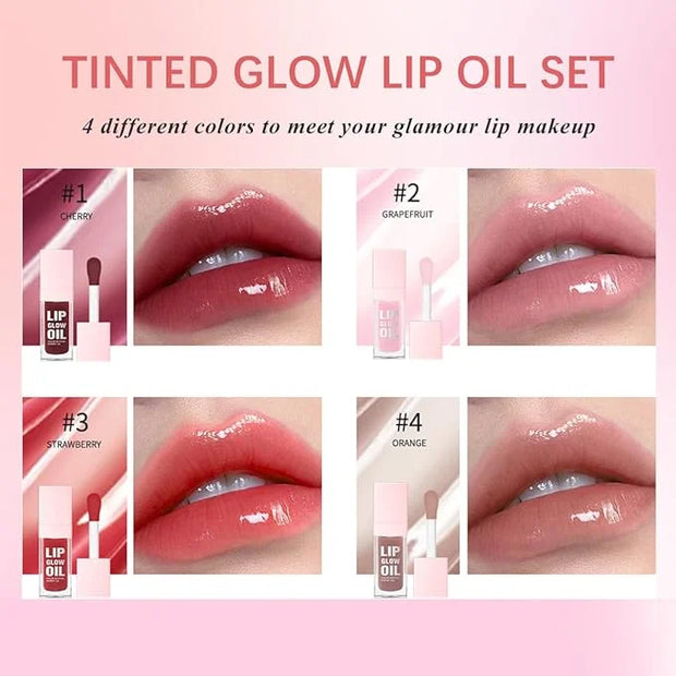 Glow Lip Oil Set, 4 Colors Tinted Glow Lip Oil Set, Hydrating Transparent Moisturizing Plumping Non-Sticky Big Brush Head ...