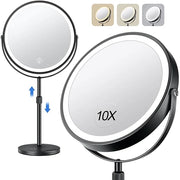 10x Large Lighted Makeup Mirror, Rechargeable 8" Height Adjustable Vanity Mirror, 1x/10x Magnifying Mirror with 3 Color, B...