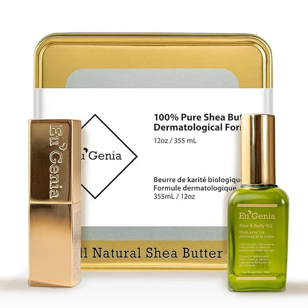 Eu'Genia Shea Face, Lip & Body Shea & Moringa 3-PC Gift Set – Hydrating Lip Balm, Nourishing Body Oil, 12oz Dermatological...
