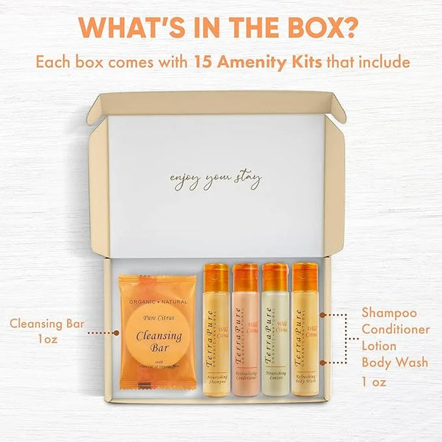Terra Pure Amenity Kit | Boxed Hotel Toiletries Bulk Set | 1 oz Shampoo, Conditioner, Lotion, Body Wash & Cleansing Bar | ...