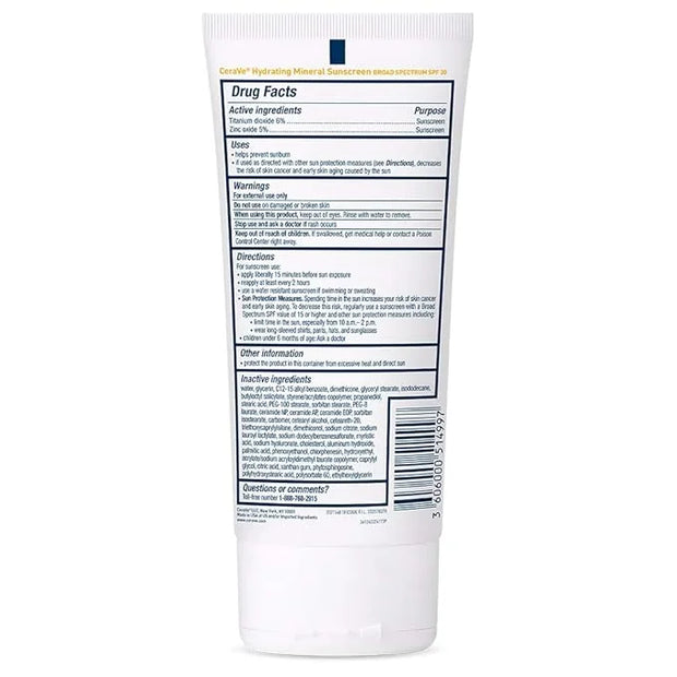 CeraVe 100% Mineral Sunscreen SPF 30 | Body Sunscreen with Zinc Oxide & Titanium Dioxide | Hyaluronic Acid & Ceramides | O...