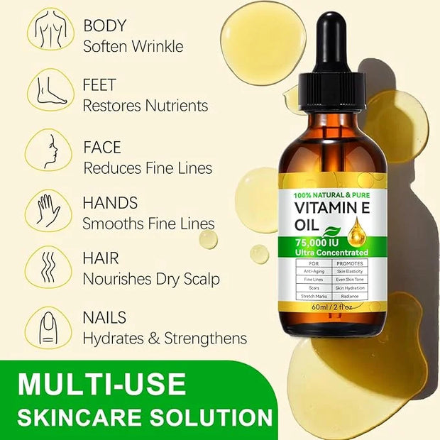 2PCS Natural Vitamin E Oil for Skin, 75,000 IU Ultra Concentrated Vitamin E Oil for Face, Hair and Scars, Moisturizing Dry...