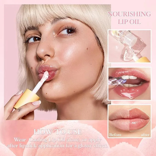 Hydrating Lip Oil, 4Pcs Plumping Lip Glow Oil Set, Fruit Extract Lip Oil Set Tinted for Dry Lip, Shiny and Moisturizing Tr...