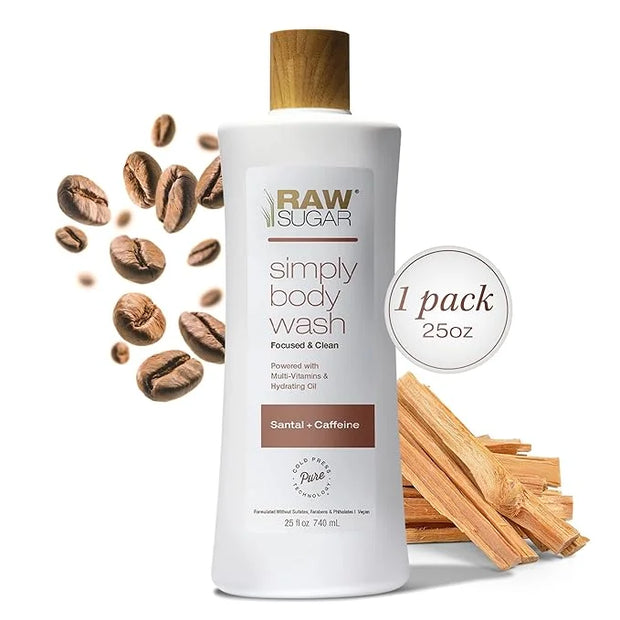 RAW SUGAR Simply Body Wash - Santal + Caffeine (25 Fl Oz, Pack of 1) Moisturizing & Soothing Bath & Shower Gel, Formulated...