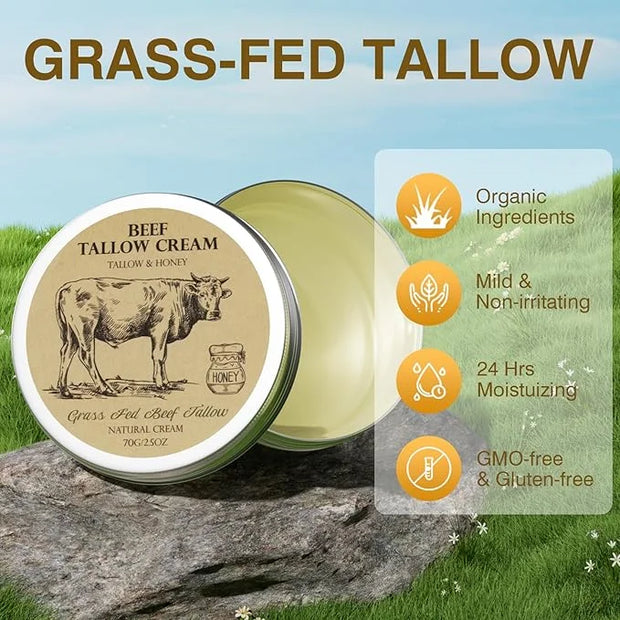 Beef Tallow for Skin, Tallow and Honey Balm,Tallow Face Moisturizer, Natural Grass-Fed Beef Tallow Balm with Raw Honey Moi...