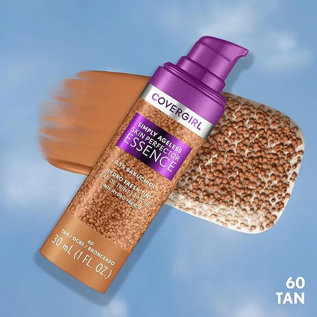 Covergirl Simply Ageless Skin Perfector Essence Foundation, 60 Tan, Tinted Skin Perfector, Skincare Makeup Hybrid, Sheer T...