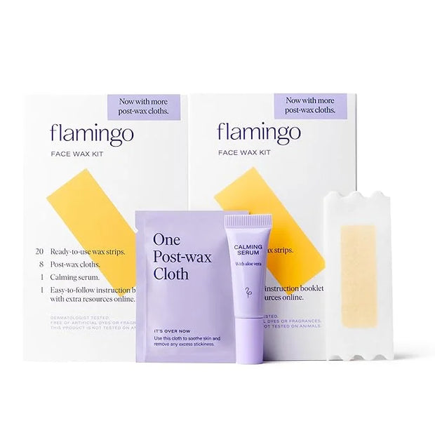 Flamingo Women Face Waxing Kit, Facial Waxing Kit with 20 Wax Strips for Face, 8 Post-Wax Cloths, and 1 Post-Wax Serum, Pa...
