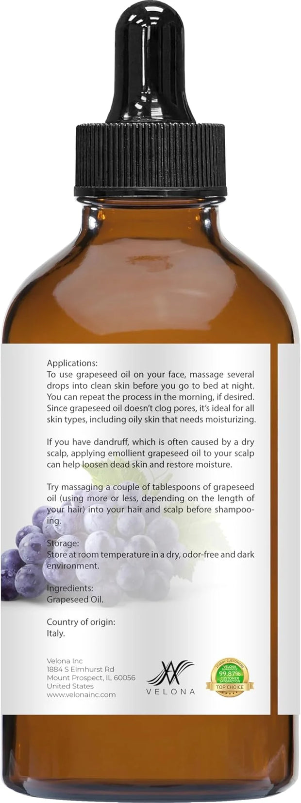 velona Grapeseed Oil 4 fl oz | 100% Pure and Natural Carrier Oil | Refined, Cold pressed | Skin, Face, Body, Hair Care | U...