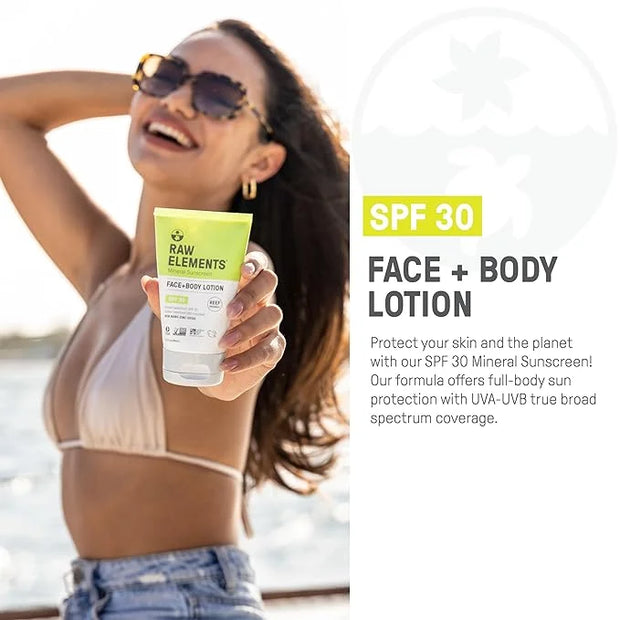 Raw Elements Face and Body Mineral Sunscreen SPF 30 Tube, Organic Sunblock Daily Protection, Non Toxic Reef Safe, Water Re...