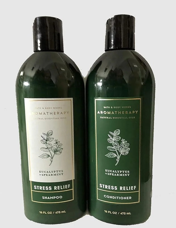 Bath and Body Works Aromatherapy Eucalyptus Spearmint Stress Relief Shampoo and Conditioner Set New Look 16 FL OZ each - P...