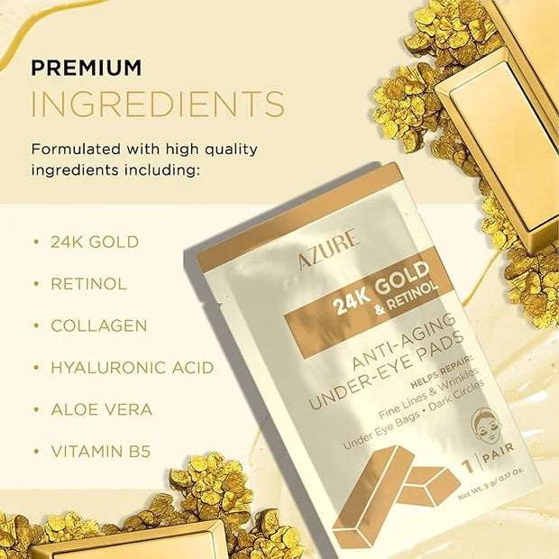 Azure Cosmetics 24K Gold & Retinol Anti Aging Under Eye Patches - Nourishing, Smoothing Hydrating Eye Mask - Reduces Fine ...