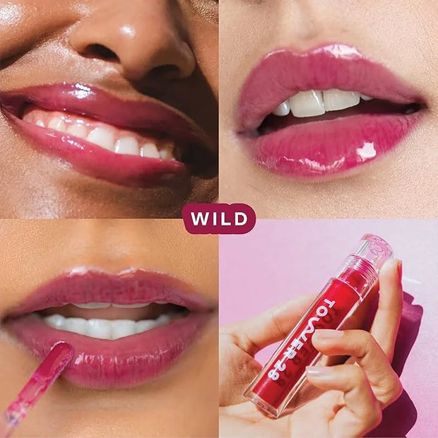 Tower 28 ShineOn Lip Jelly, WILD, Non-Sticky, Hydrating Vegan Lip Gloss in Sheer-ish Raspberry, Moisturizing Apricot and R...