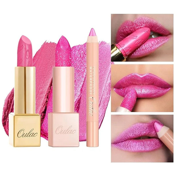 Oulac 3PCS Pink Lipstick Set | Metallic Lipstick, Moisturizing Lipstick, Lip Liner Stick | Smooth & Vegan | Ideal for Make...