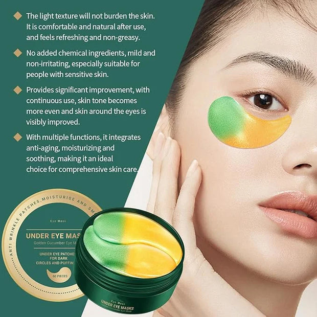 Under Eye Masks，Golden Cucumber Eye Mask 60 Tablets Set，Eye Mask for Fine Lines, Wrinkles, Dark Circles and Eye Puffiness，...