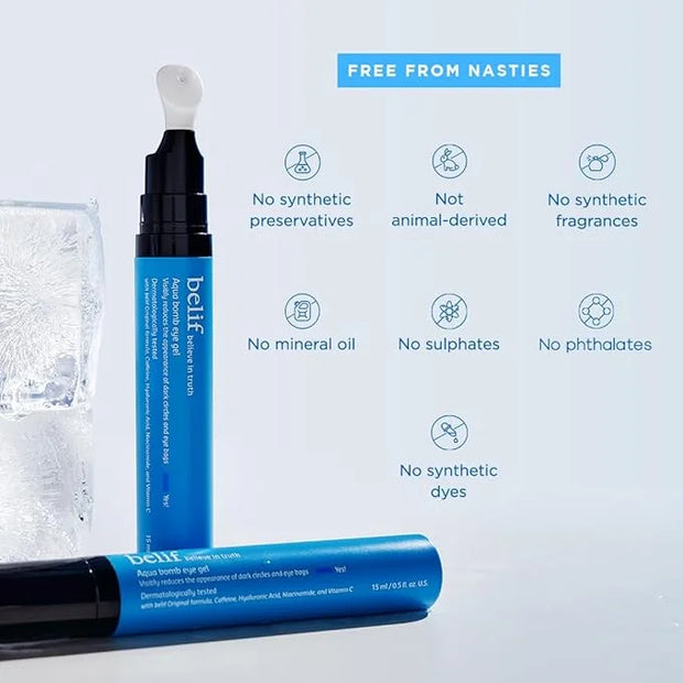 belif Aqua Bomb Cooling Eye Gel - Caffeine & Hyaluronic Acid for Puffiness & Hydration, Niacinamide & Vitamin C for Dark C...