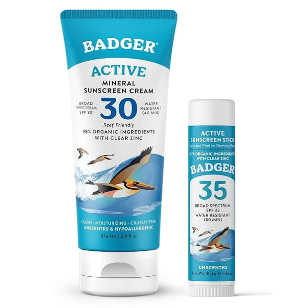 Badger Mineral Sunscreen Combo, SPF 30 Cream & SPF 35 Face Stick, Organic Ingredient with Mineral Zinc Oxide, Unscented Re...