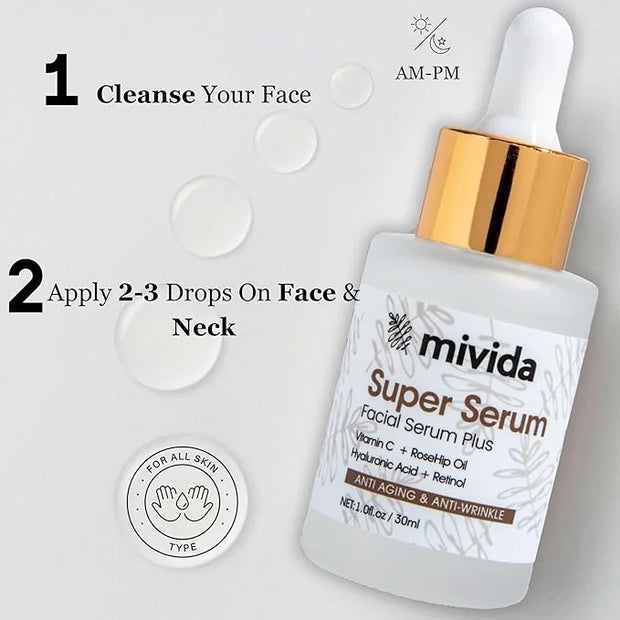 mivida Anti-Aging Super Serum with Retinol, Hyaluronic-Acid, Rosehip Oil, Vitamin C | All-In-One Face Serum For Wrinkles, ...