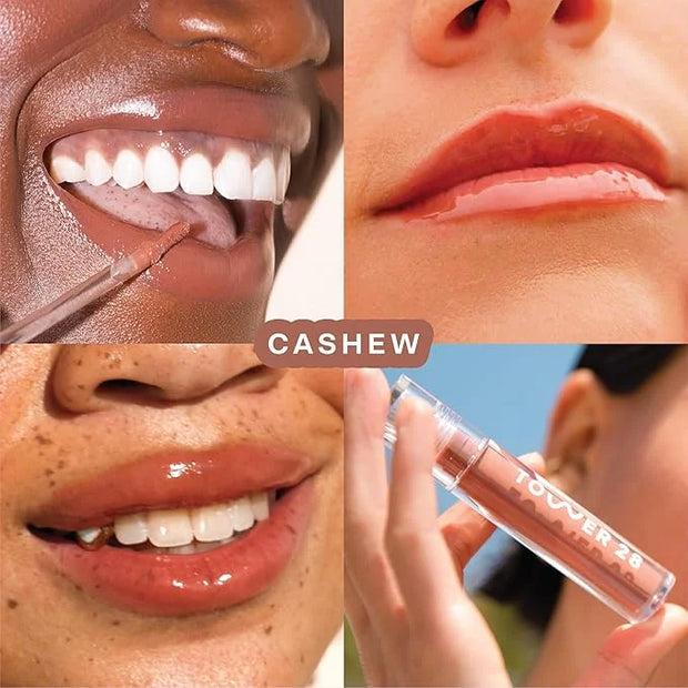 Tower 28 ShineOn Milky Lip Jelly, CASHEW, Non-Sticky, Hydrating Vegan Lip Gloss in Milky Rosy Brown, Apricot and Raspberry...