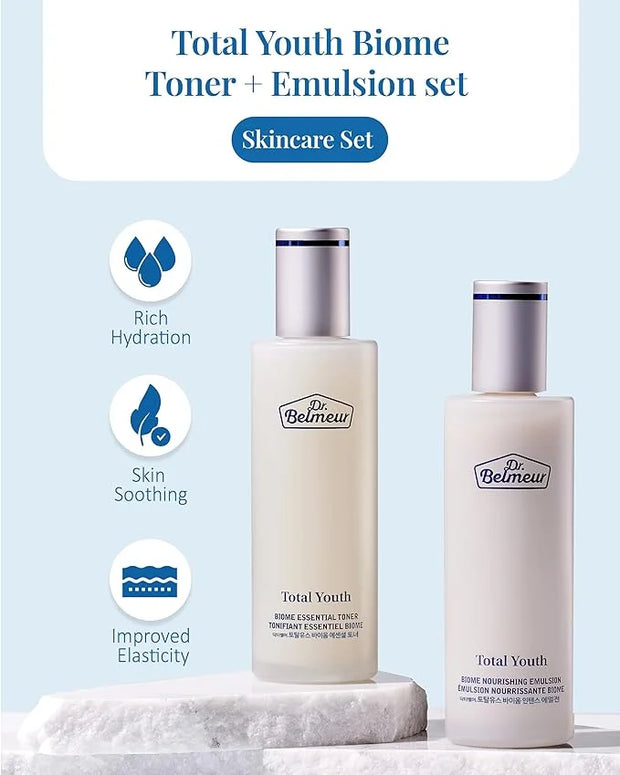Total Youth Biome (Skincare Set, 12.2fl oz) - Premium Total Age-Defying Toner + Emulsion Set for Wrinkles, Elasticity, Hyd...