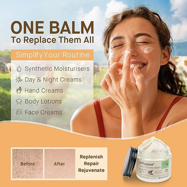 Beef Tallow Honey Balm for Skin: 100% Grass Fed Whipped Organic Moisturizer with Organic Raw Honey, Jojoba Oil, Vitamin E ...