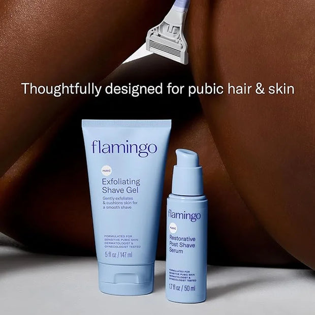 Flamingo Pubic Hair Razor for Women, Shaving Kit, 1 Razor, Exfoliating Shaving Gel 5 fl oz - Restorative Post Shave Serum ...