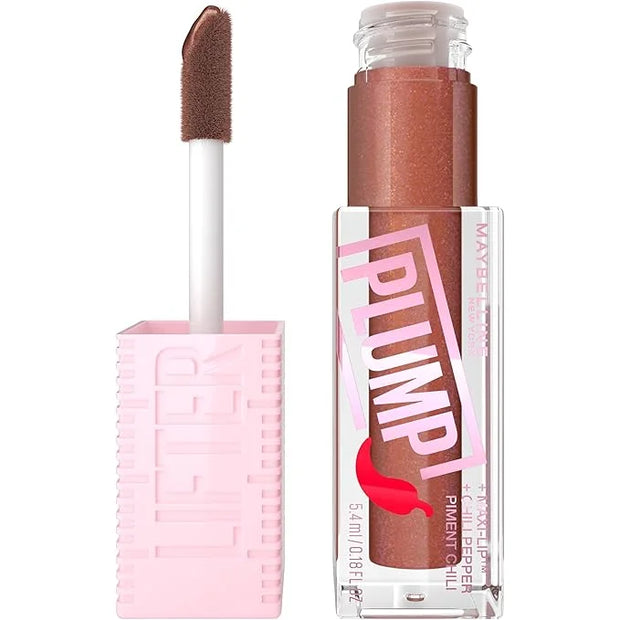 MAYBELLINE Lifter Gloss Lifter Plump, Plumping Lip Gloss with Chili Pepper and 5% Maxi-Lip, Cocoa Zing, Sheer Cool Brown, ...