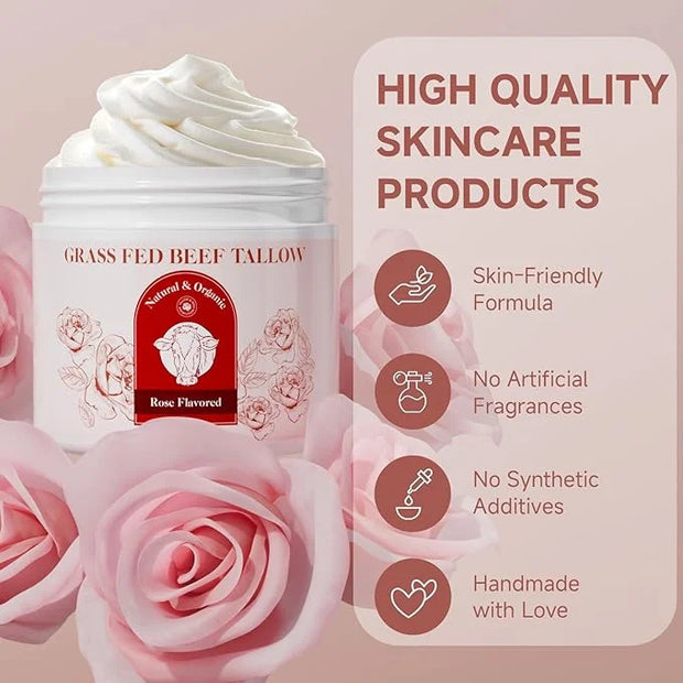 Beef Tallow for Skin, Whipped Beef Tallow For Skin, Tallow Face Moisturizer, Rose-Flavoured Whipped Tallow Face Cream Mois...