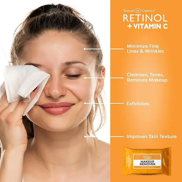 Retinol + Vitamin C Individually Wrapped Makeup Remover Wipes, travel essentials for Travel & On the Go, women facial clea...