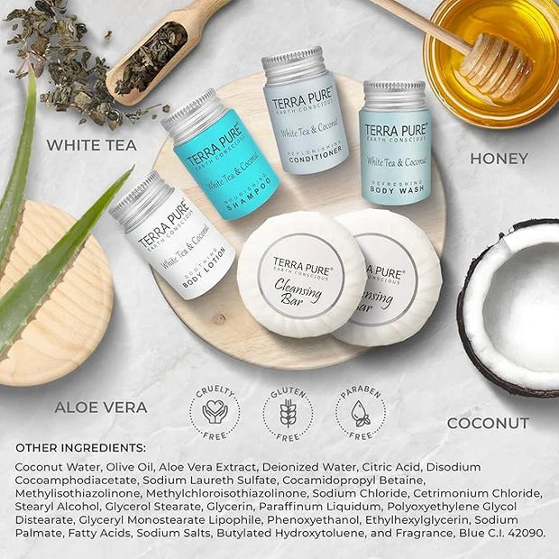 Terra Pure White Tea & Coconut Amenity & Accessory Kit |1oz Travel Size Shampoo, Conditioner, Lotion, Body Wash, 2 Cleansi...