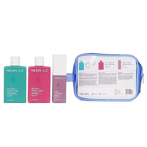 MEDIX 5.5 Best Sellers Travel Kit Skin Care Set - Retinol Body Lotion + Glycolic Acid Exfoliating Body Wash + 20% Vitamin ...